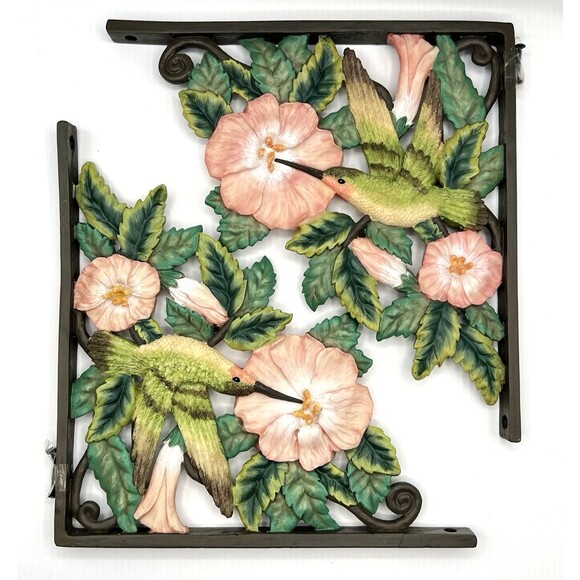 Decorative Hummingbird Wall Corner Brackets Resin Hibiscus Corbels 12" Deep Tall - Picture 3 of 8